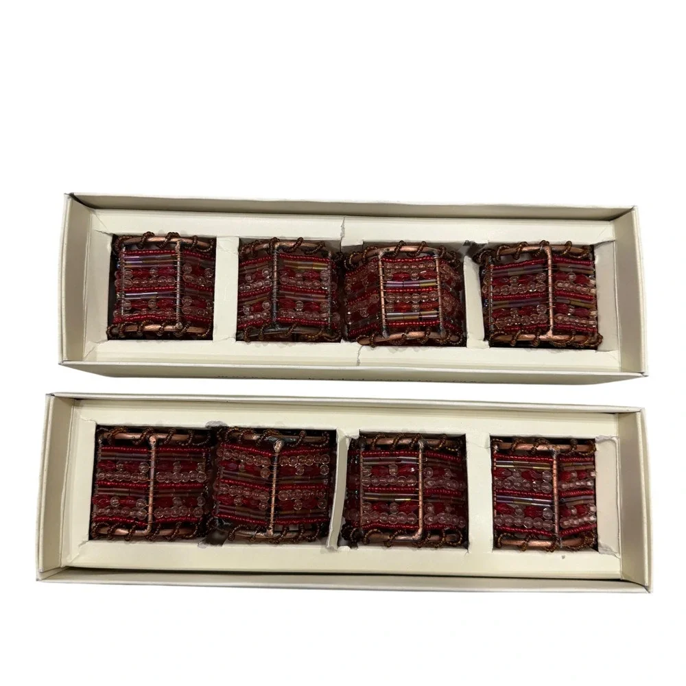 Pier 1 Imports Victorian Beaded Napkin Rings Red Copper Set of 8 Holiday Dining